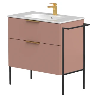 Håndvaskskab <strong>Velira</strong>  Rosa Mat 80 cm med Vask Hvid, Håndtag Guld & Ben