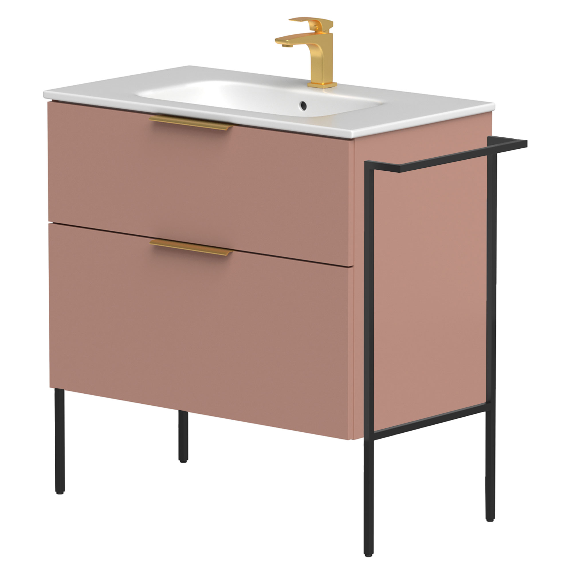 Håndvaskskab Velira Rosa Mat 80 cm med Vask Hvid, Håndtag Guld & Ben