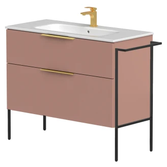 Håndvaskskab <strong>Velira</strong>  Rosa Mat 100 cm med Vask Hvid, Håndtag Guld & Ben
