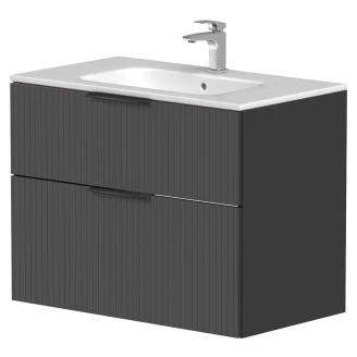 Håndvaskskab <strong>Velira</strong>  Grafit Riflet Mat 80 cm med Vask Hvid & Håndtag Sort