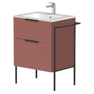 Håndvaskskab <strong>Velira</strong>  Antik Rød Mat 60 cm med Vask Hvid, Håndtag Sort & Ben