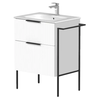 Håndvaskskab <strong>Velira</strong>  Hvid Riflet Mat 60 cm med Vask Hvid, Håndtag Sort & Ben
