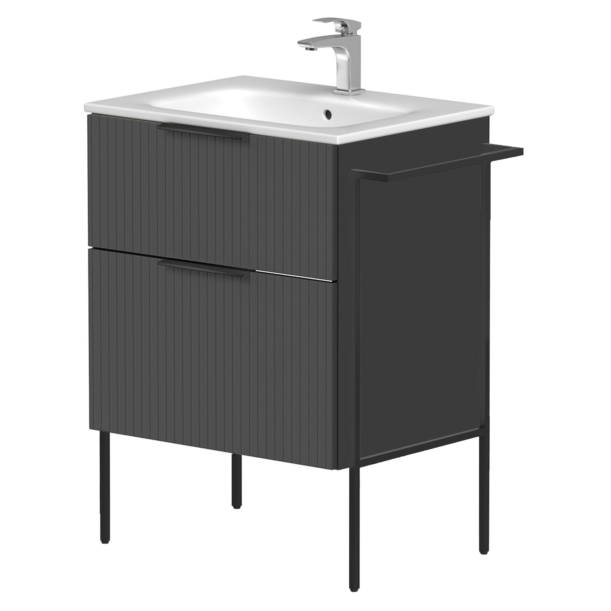 Håndvaskskab Velira Grafit Riflet Mat 60 cm med Vask Hvid, Håndtag Sort & Ben