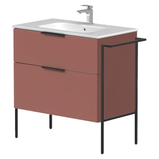 Håndvaskskab <strong>Velira</strong>  Antik Rød Mat 80 cm med Vask Hvid, Håndtag Sort & Ben