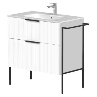 Håndvaskskab <strong>Velira</strong>  Hvid Riflet Mat 80 cm med Vask Hvid, Håndtag Sort & Ben
