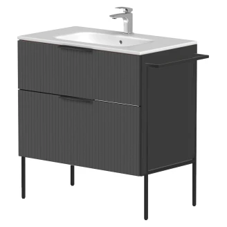 Håndvaskskab <strong>Velira</strong>  Grafit Riflet Mat 80 cm med Vask Hvid, Håndtag Sort & Ben