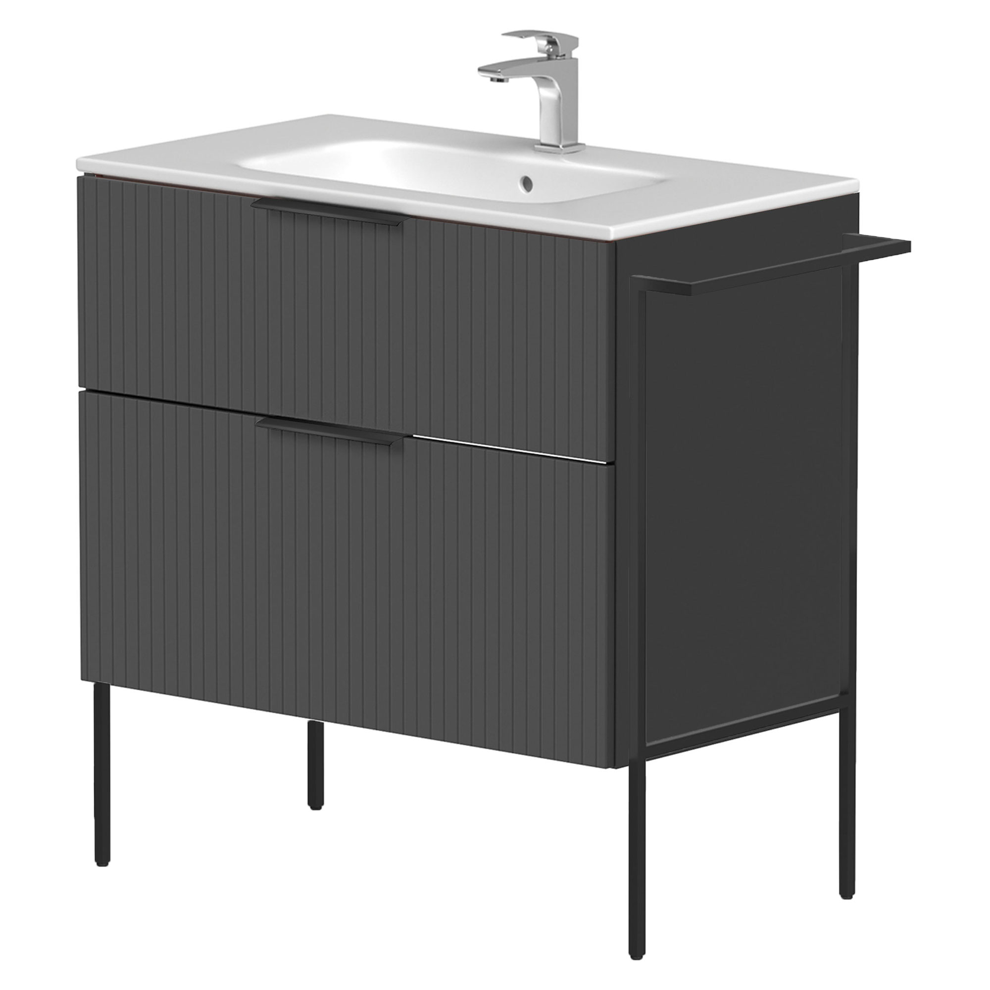Håndvaskskab Velira Grafit Riflet Mat 80 cm med Vask Hvid, Håndtag Sort & Ben