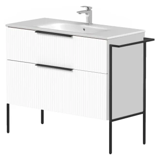 Håndvaskskab <strong>Velira</strong>  Hvid Riflet Mat 100 cm med Vask Hvid, Håndtag Sort & Ben