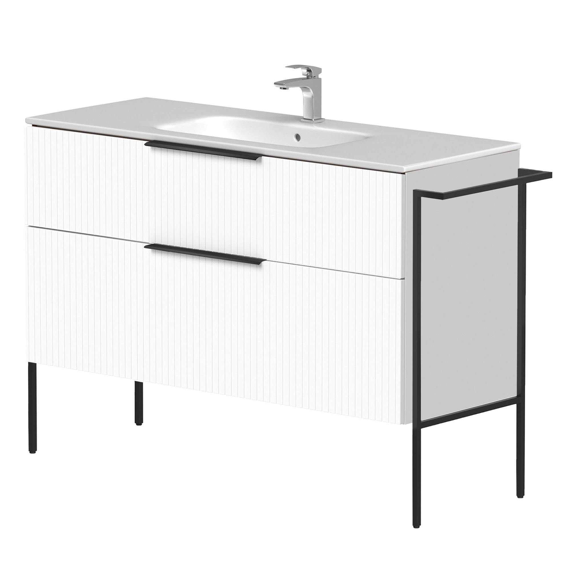 Håndvaskskab Velira Hvid Riflet Mat 120 cm med Vask Hvid, Håndtag Sort & Ben