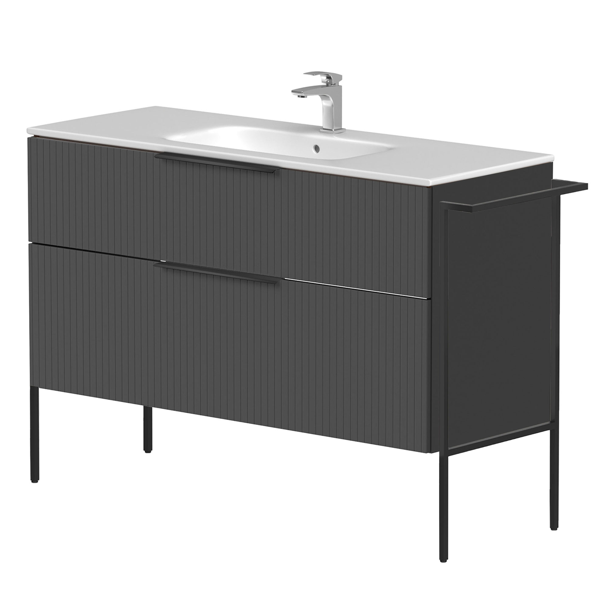 Håndvaskskab Velira Grafit Riflet Mat 120 cm med Vask Hvid, Håndtag Sort & Ben