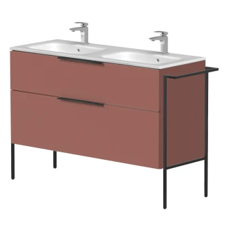 Dobbelt Håndvaskskab <strong>Velira</strong>  Antik Rød Mat 120 cm med Vask Hvid, Håndtag Sort & Ben