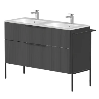Dobbelt Håndvaskskab <strong>Velira</strong>  Grafit Riflet Mat 120 cm med Vask Hvid, Håndtag Sort & Ben