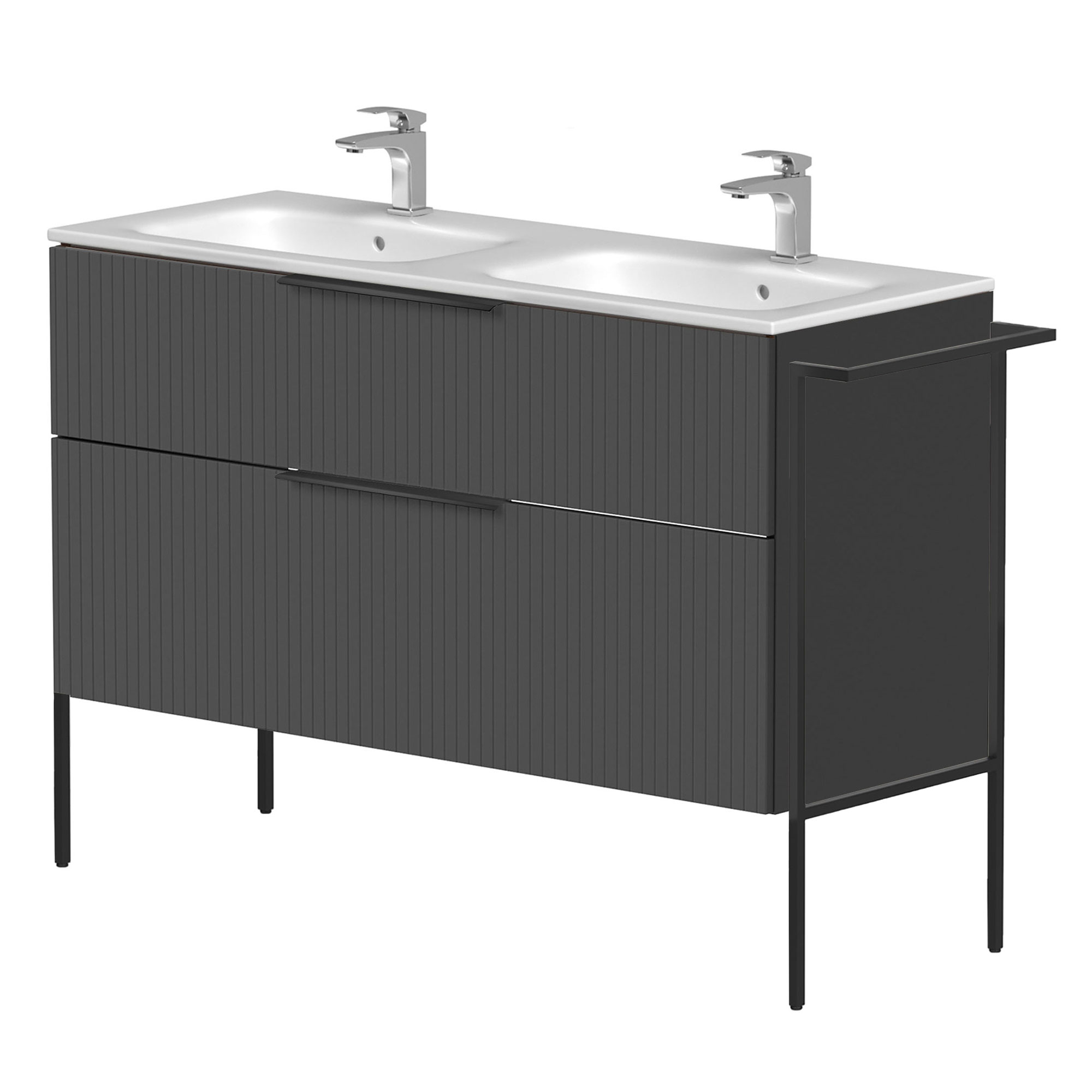 Dobbelt Håndvaskskab Velira Grafit Riflet Mat 120 cm med Vask Hvid, Håndtag Sort & Ben