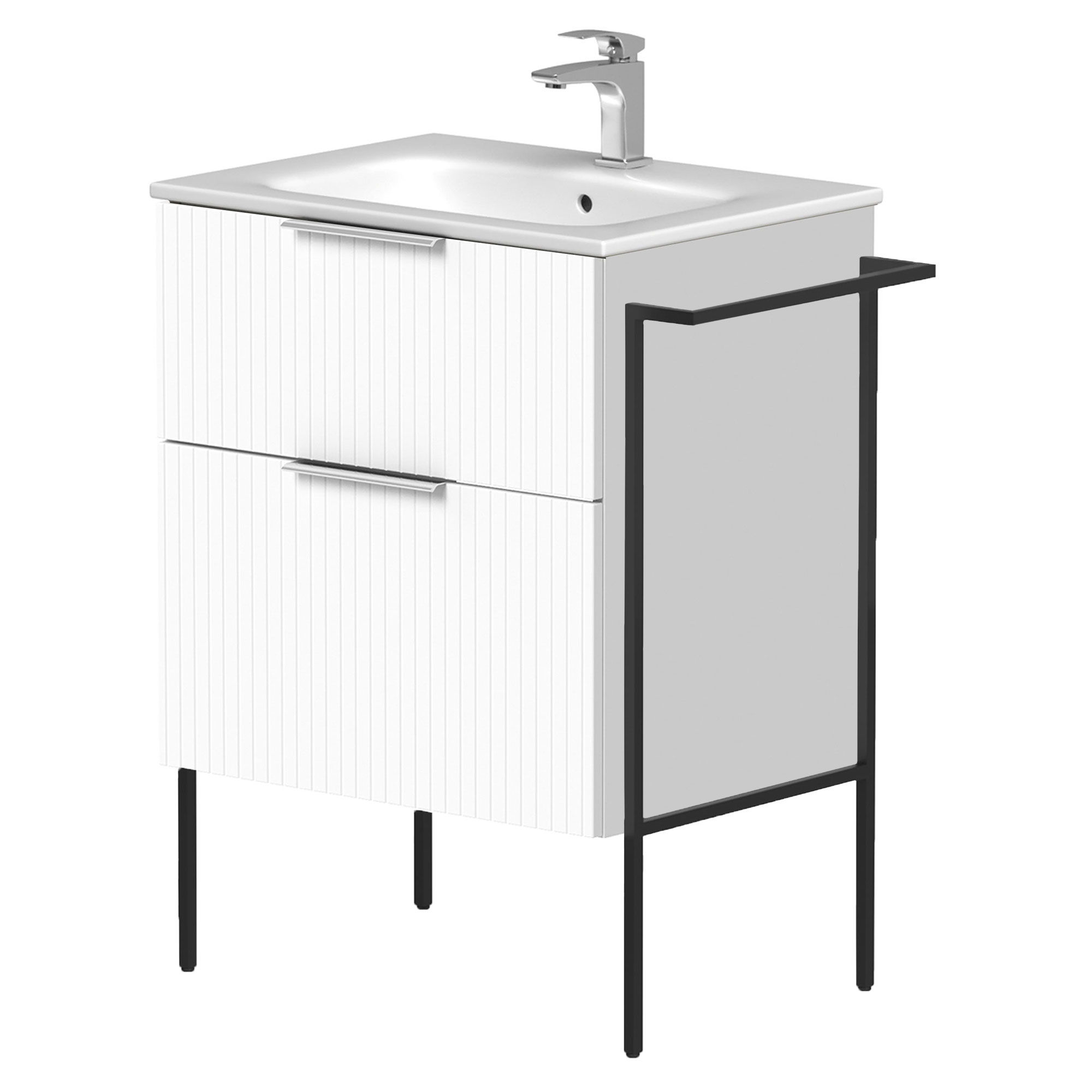 Håndvaskskab Velira Hvid Riflet Mat 60 cm med Vask Hvid, Håndtag Krom & Ben