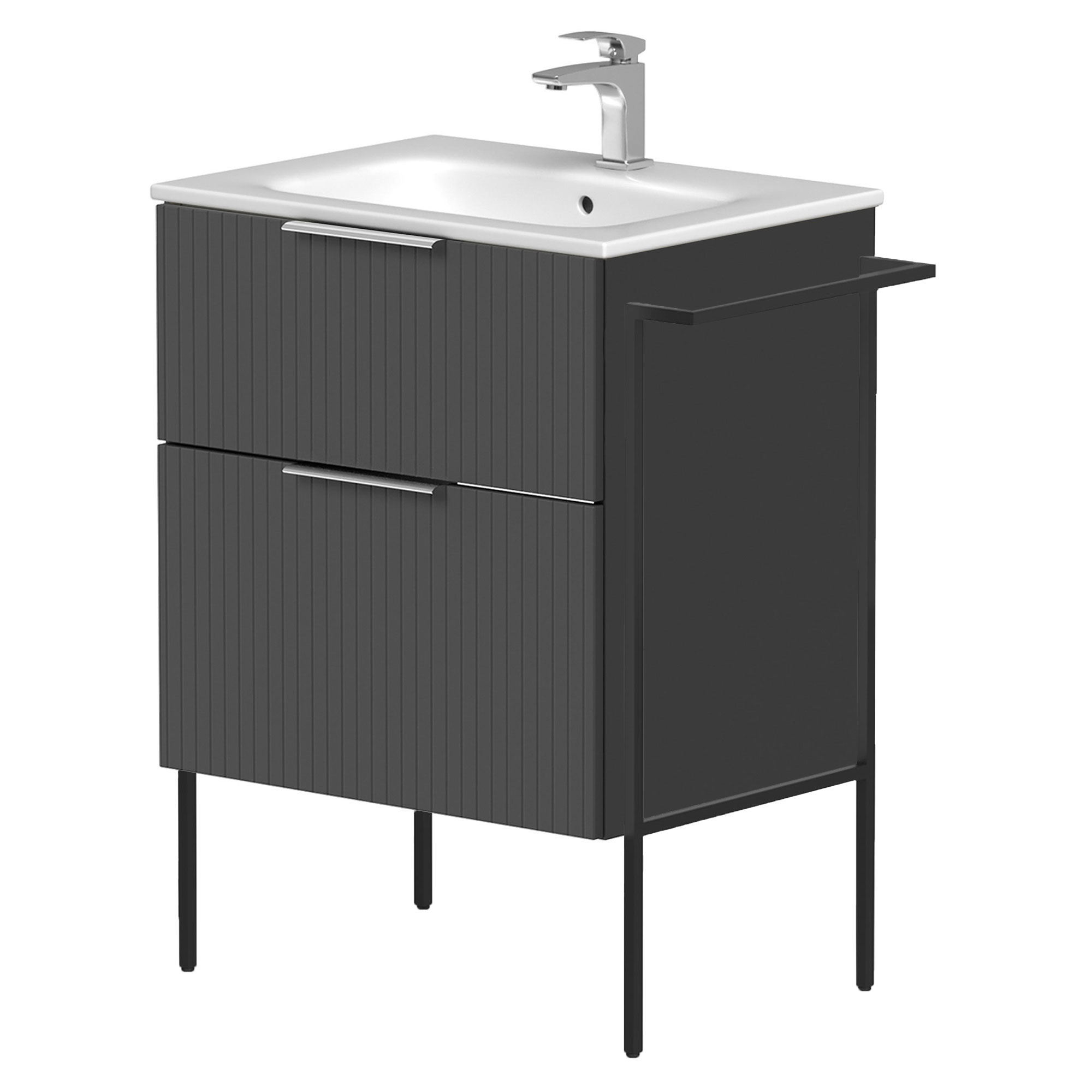 Håndvaskskab Velira Grafit Riflet Mat 60 cm med Vask Hvid, Håndtag Krom & Ben