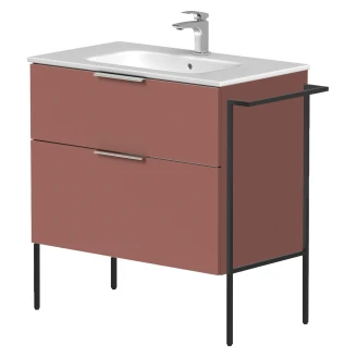 Håndvaskskab <strong>Velira</strong>  Antik Rød Mat 80 cm med Vask Hvid, Håndtag Krom & Ben