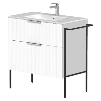 Håndvaskskab <strong>Velira</strong>  Hvid Riflet Mat 80 cm med Vask Hvid, Håndtag Krom & Ben