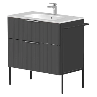 Håndvaskskab <strong>Velira</strong>  Grafit Riflet Mat 80 cm med Vask Hvid, Håndtag Krom & Ben