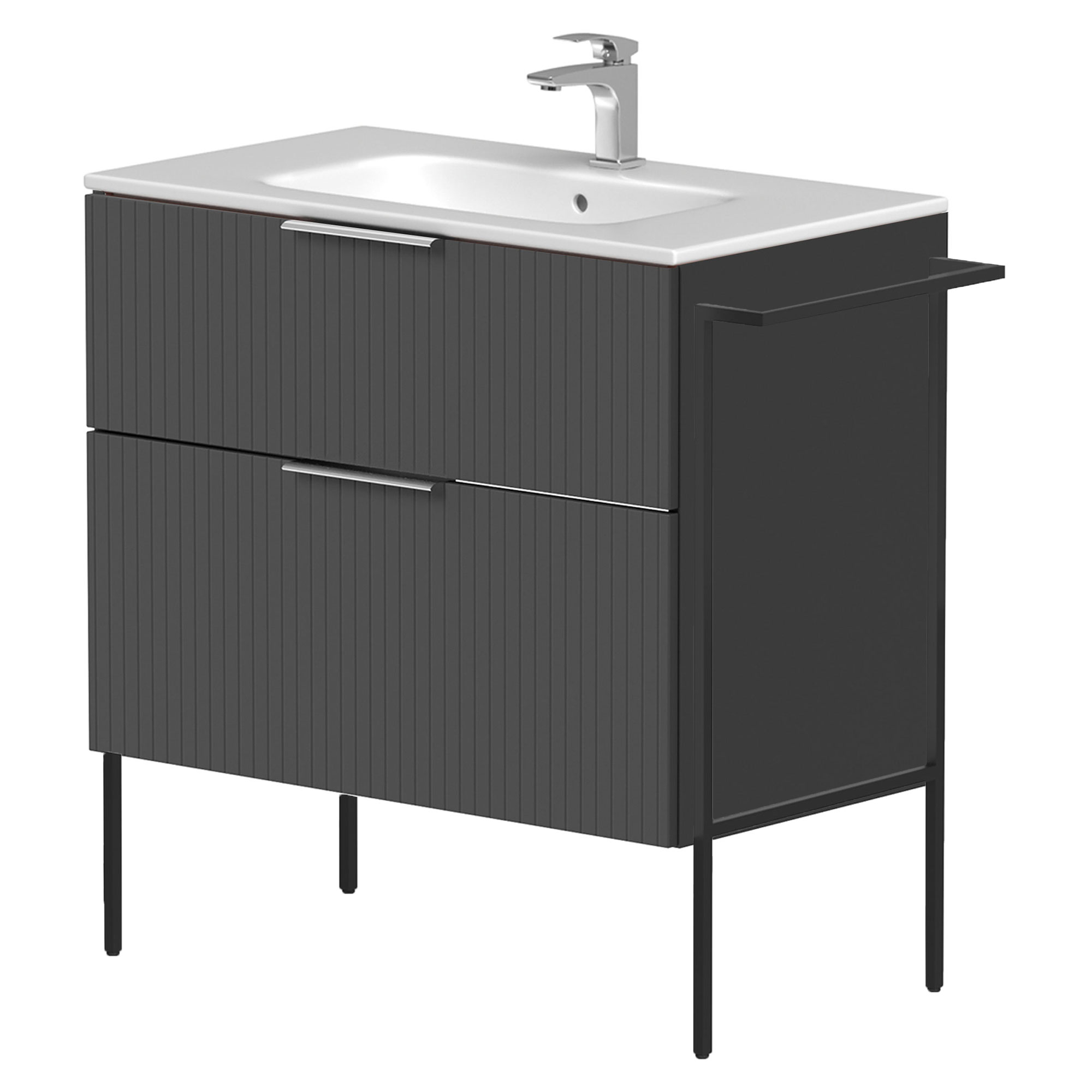 Håndvaskskab Velira Grafit Riflet Mat 80 cm med Vask Hvid, Håndtag Krom & Ben