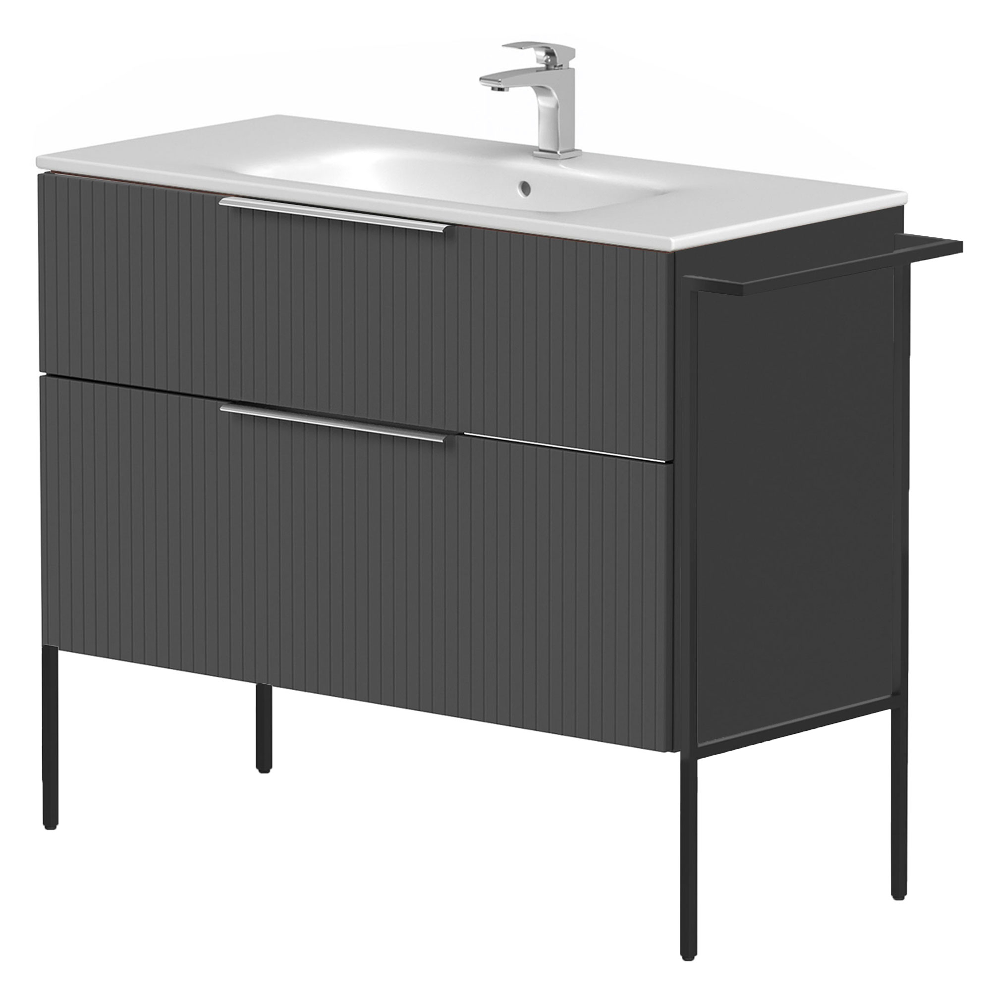 Håndvaskskab Velira Grafit Riflet Mat 100 cm med Vask Hvid, Håndtag Krom & Ben