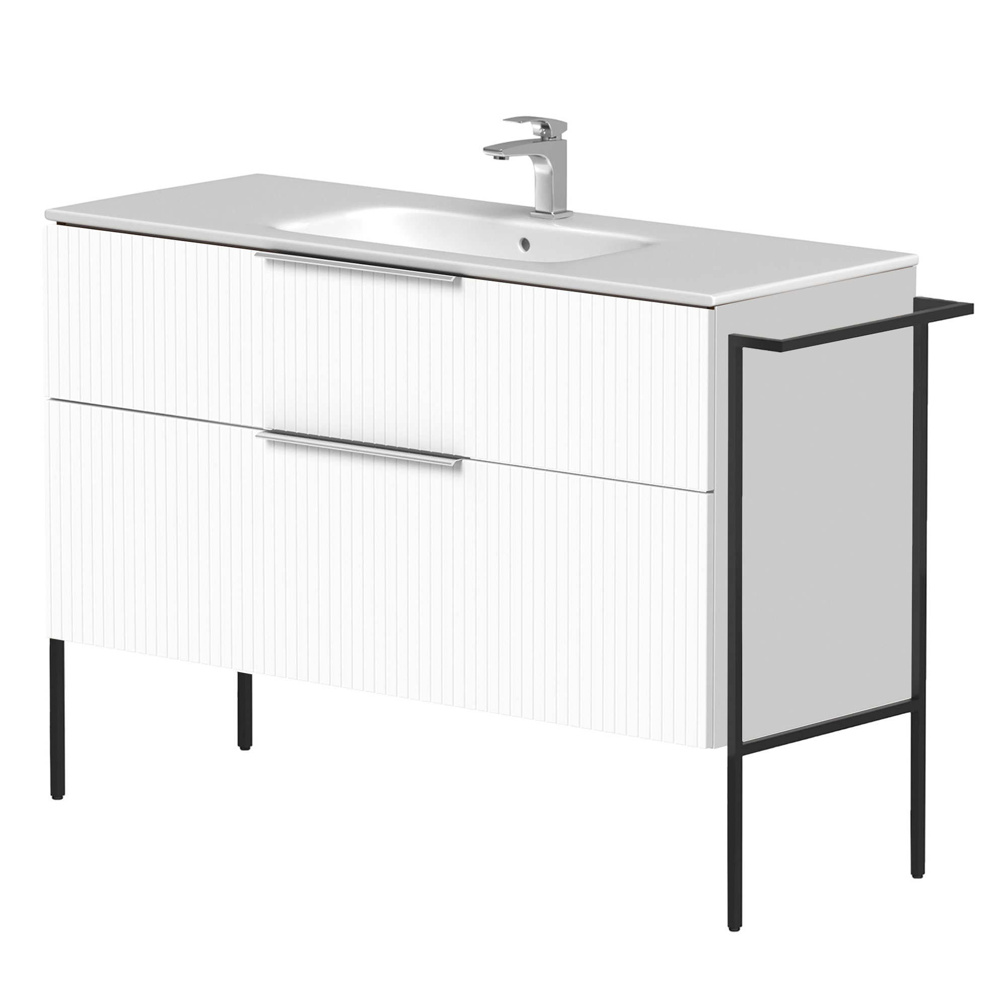 Håndvaskskab Velira Hvid Riflet Mat 120 cm med Vask Hvid, Håndtag Krom & Ben
