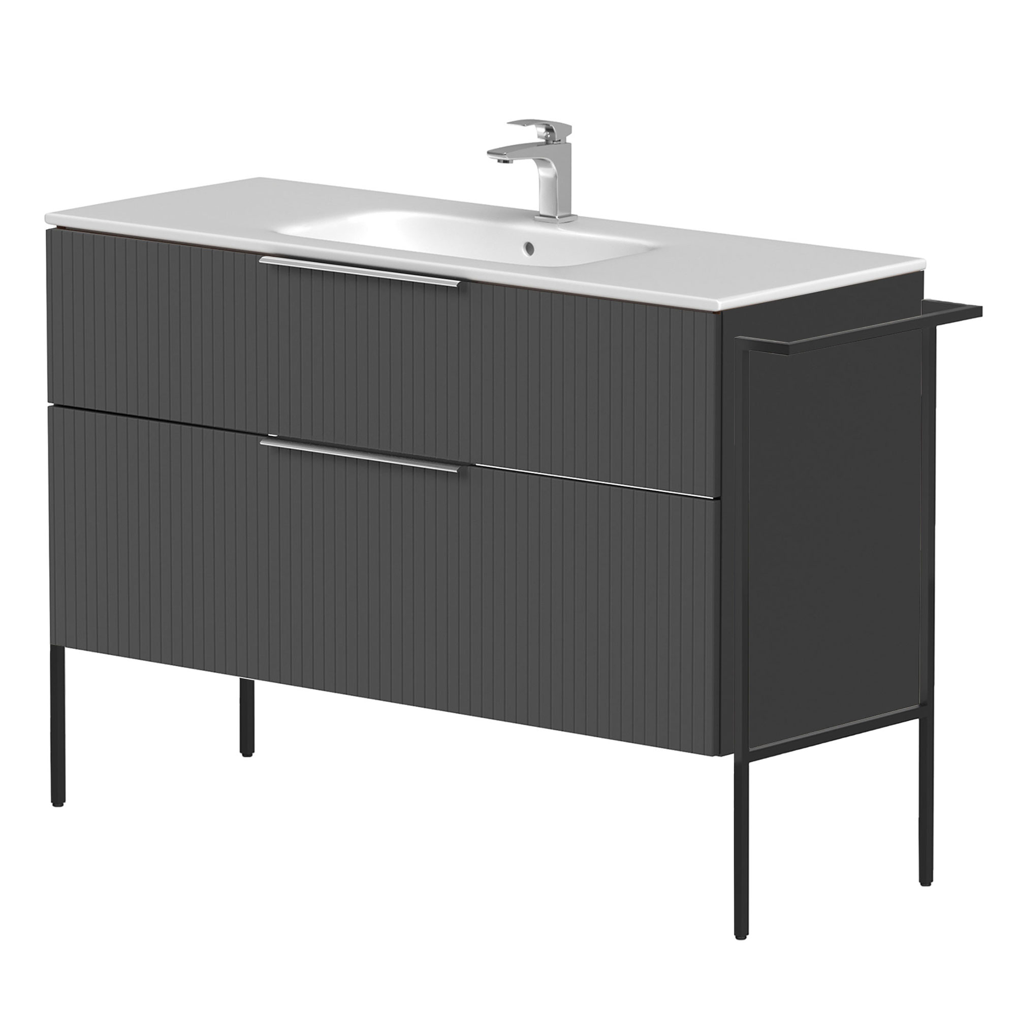 Håndvaskskab Velira Grafit Riflet Mat 120 cm med Vask Hvid, Håndtag Krom & Ben