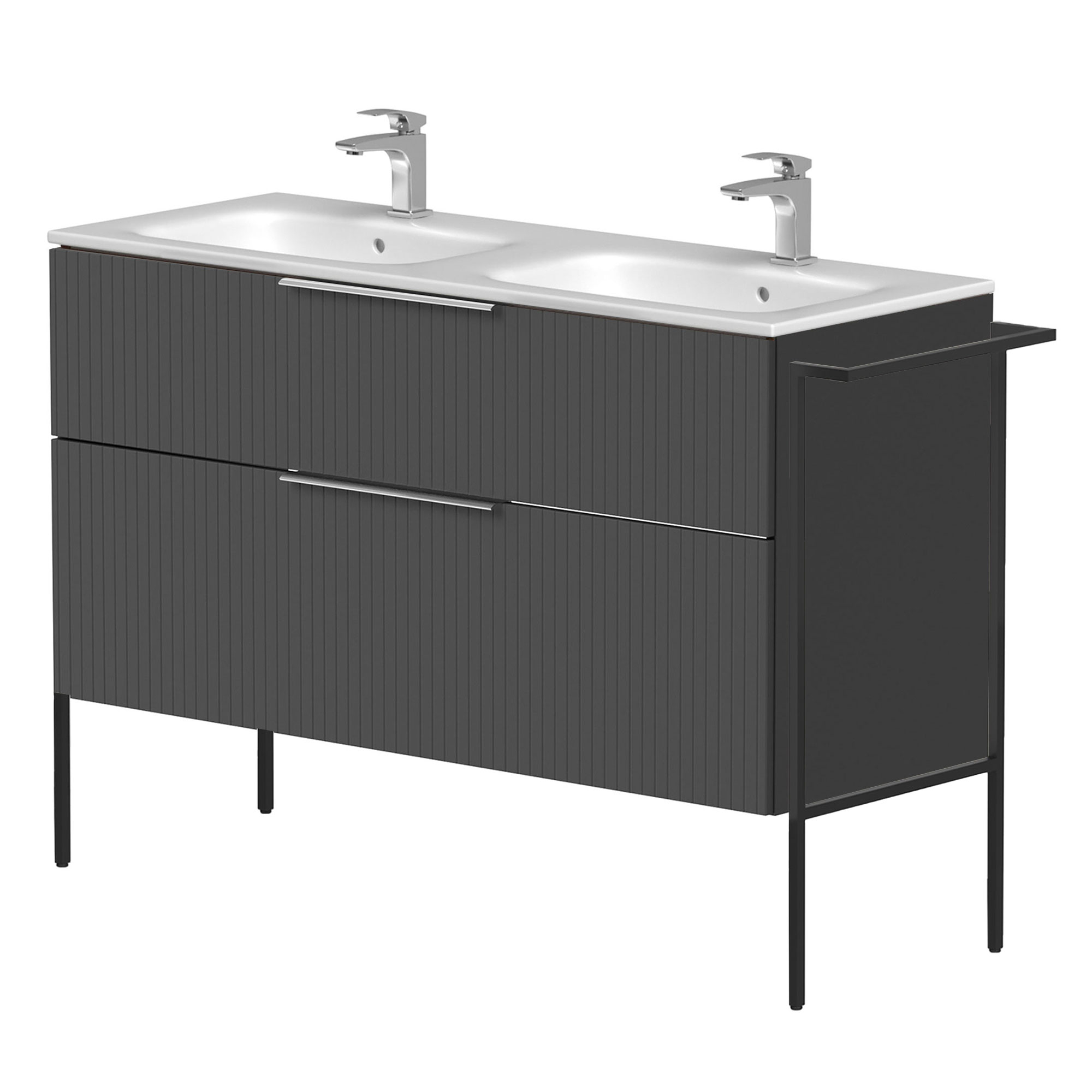 Dobbelt Håndvaskskab Velira Grafit Riflet Mat 120 cm med Vask Hvid, Håndtag Krom & Ben