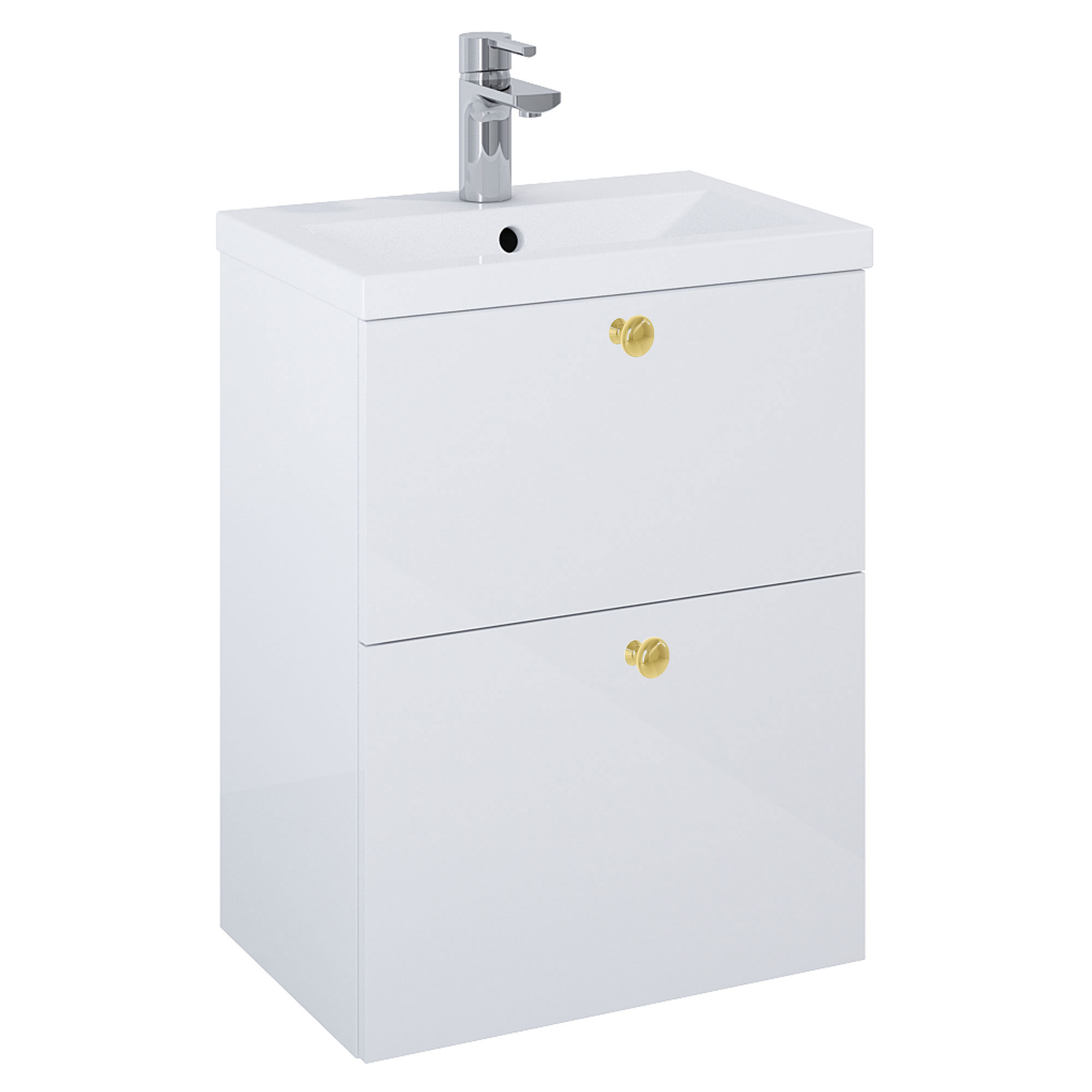 Håndvaskskab Guld Minimal Hvid Blank 50 cm med To Skuffer & Vask Hvid Blank