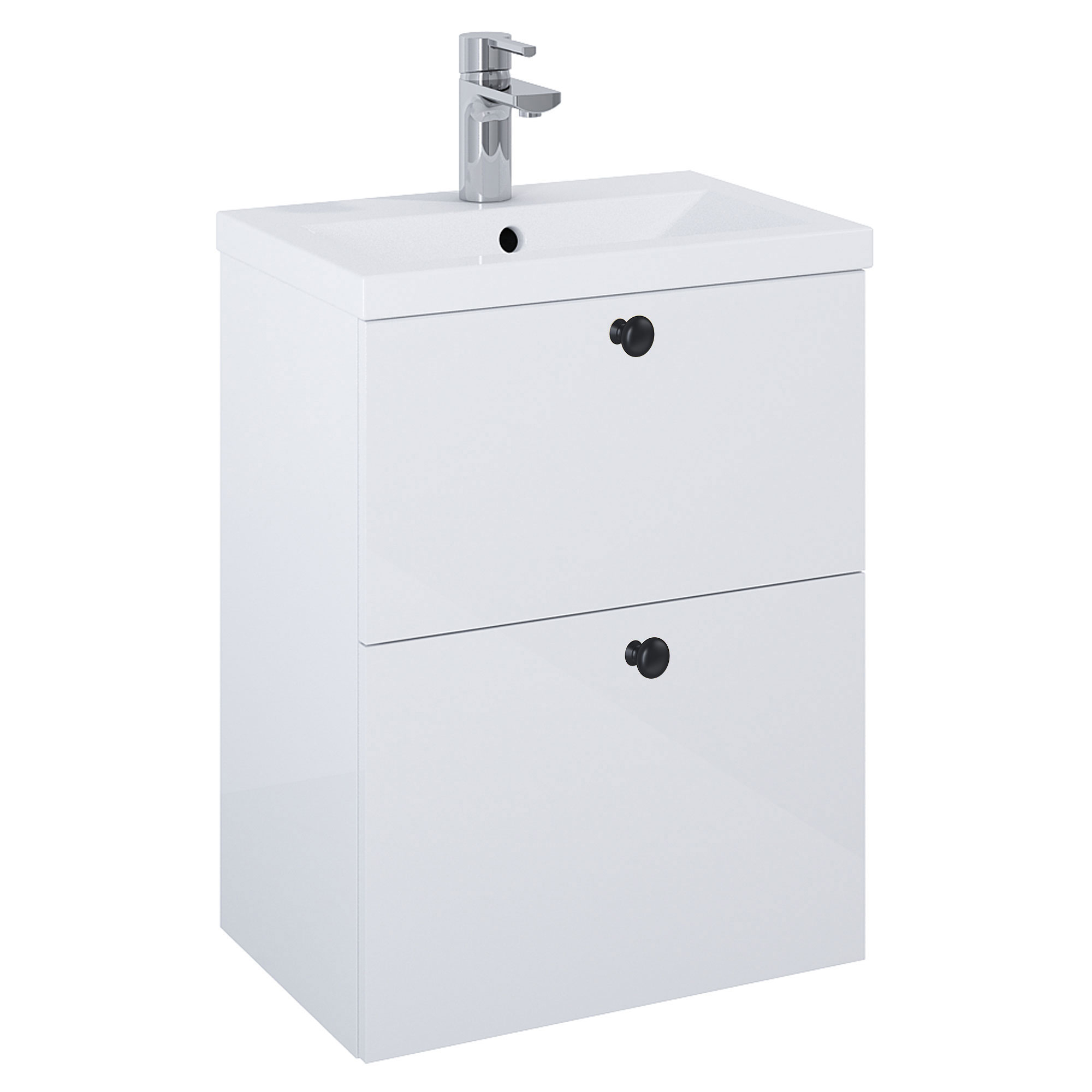 Håndvaskskab Sort Minimal Hvid Blank 50 cm med To Skuffer & Vask Hvid Blank