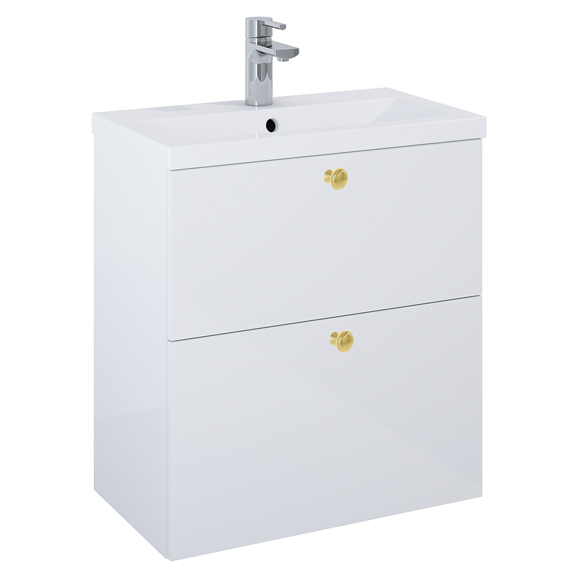 Håndvaskskab Guld Minimal Hvid Blank 60 cm med To Skuffer & Vask Hvid Blank
