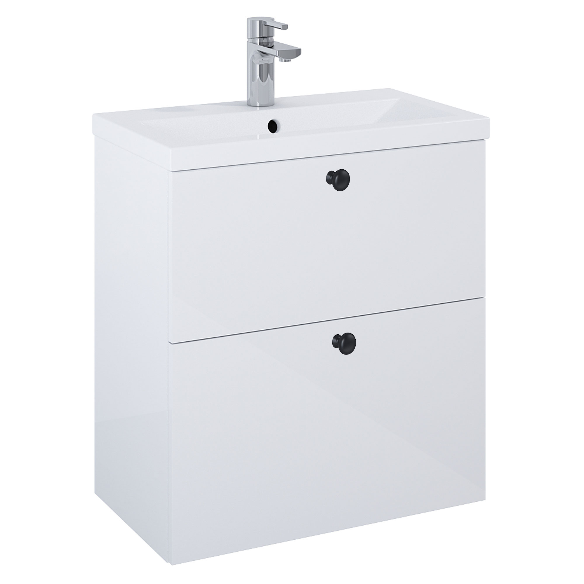 Håndvaskskab Sort Minimal Hvid Blank 60 cm med To Skuffer & Vask Hvid Blank