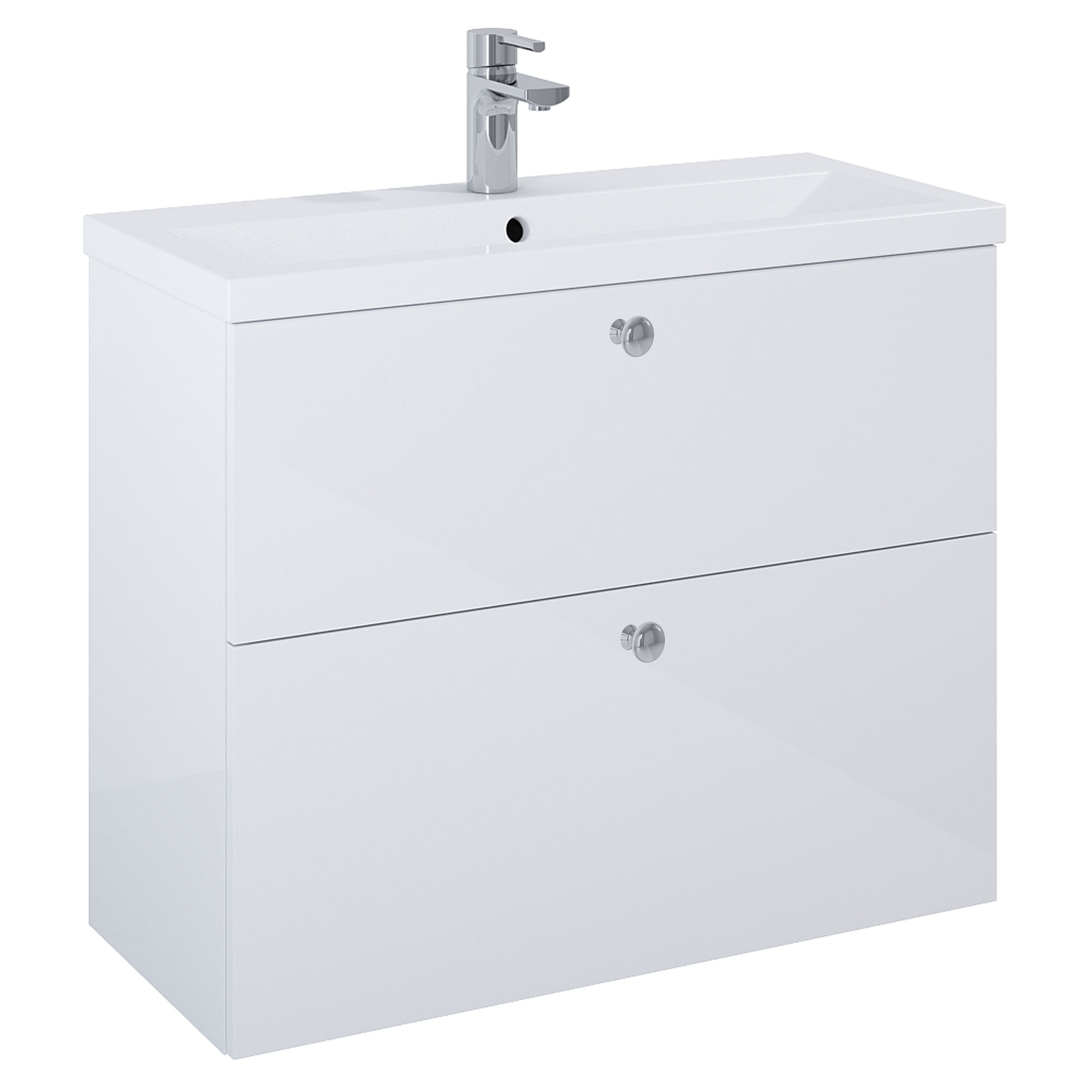 Håndvaskskab Krom Minimal Hvid Blank 80 cm med To Skuffer & Vask Hvid Blank