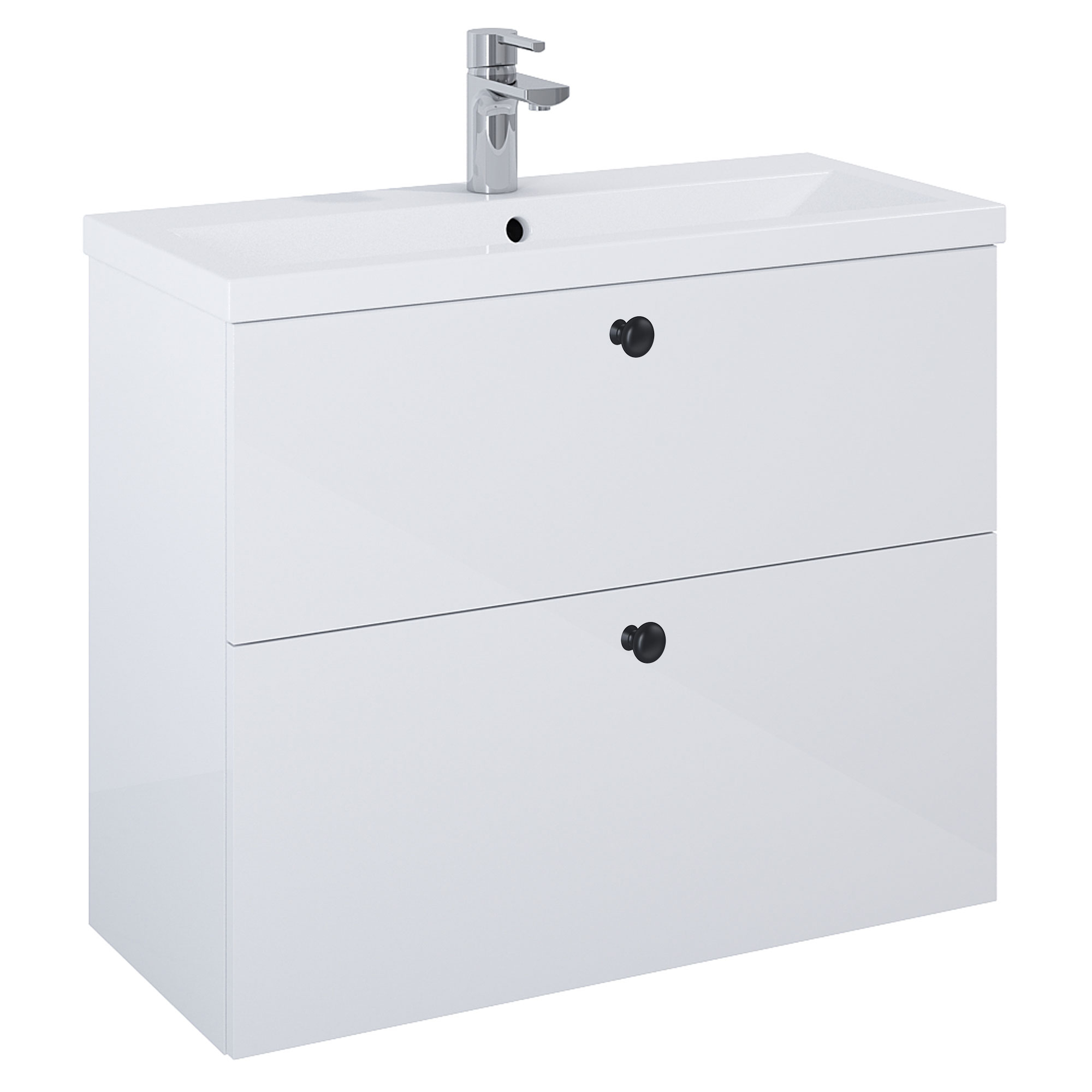 Håndvaskskab Sort Minimal Hvid Blank 80 cm med To Skuffer & Vask Hvid Blank