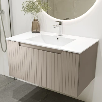 Badeværelsespakke Håndvaskskab Ribb Beige 80 cm med Krom Håndvaskarmatur & Bundventil