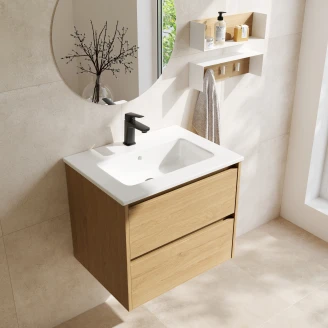 Komplet Badeværelsesmøbel Underskab Norrvi Træ Light Oak Mat 60 cm med Hylde og Tøjbøjle, Spejl, Håndvaskarmatur & Bundventil