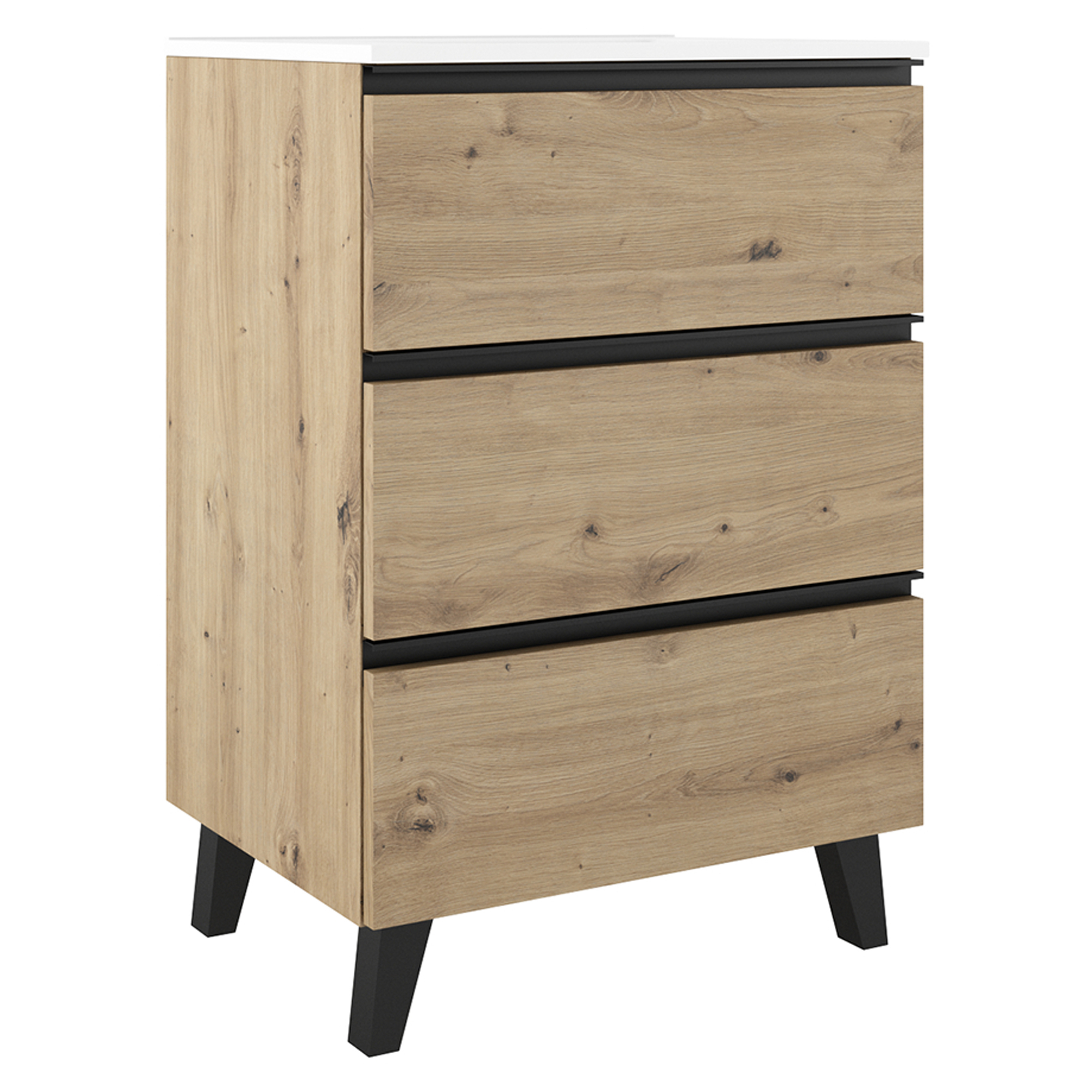 Håndvaskskab Luna Træ Lys 60 cm med Tre Skuffer & Vask Hvid Blank