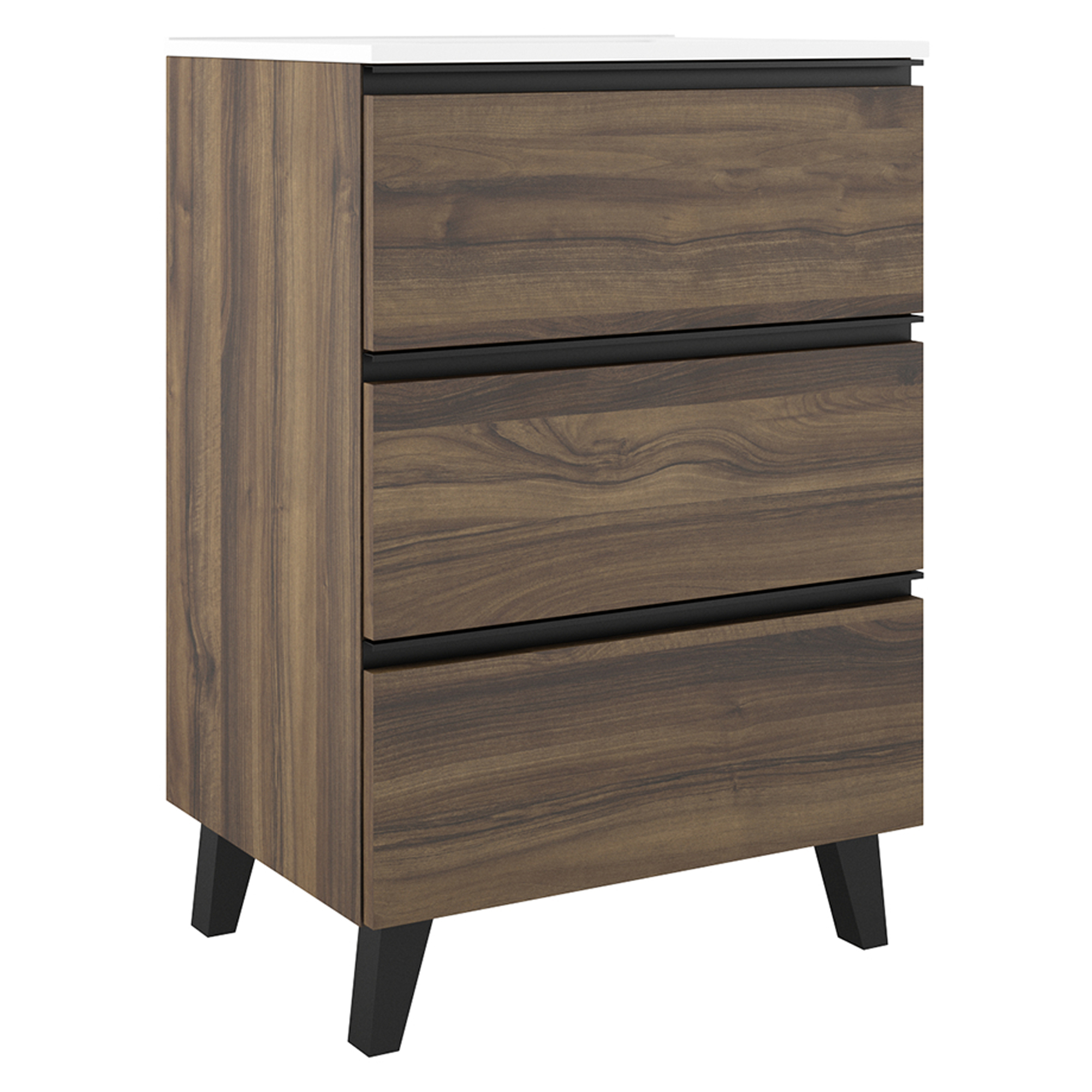 Håndvaskskab Luna Træ Mørk 60 cm med Tre Skuffer & Vask Hvid Blank