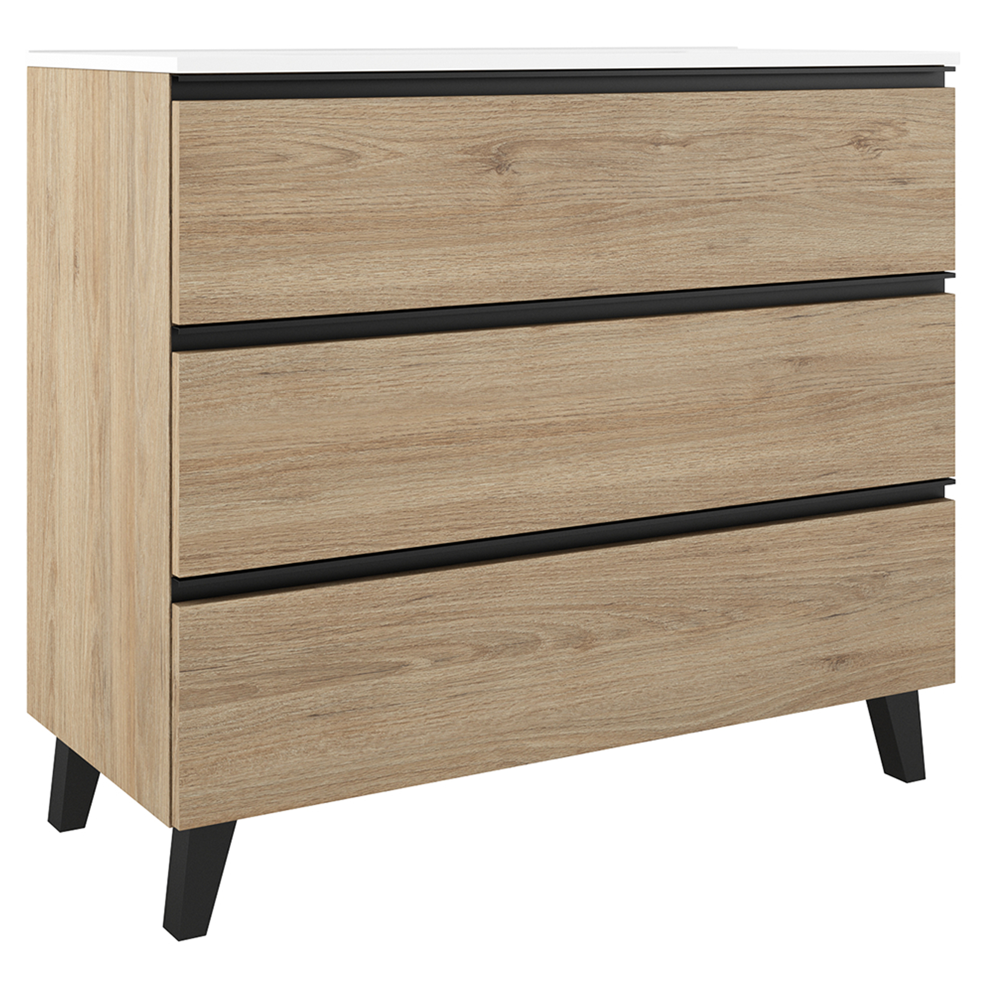 Håndvaskskab Luna Træ Lys 100 cm med Tre Skuffer & Vask Hvid Blank