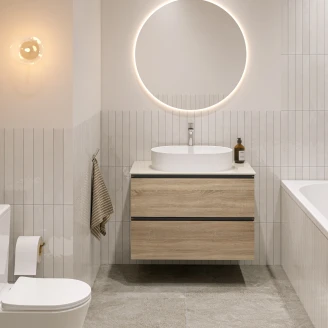 Håndvaskskab Luna Eg Træ 80 cm med Bordplade Silestone Lys Beige Poleret