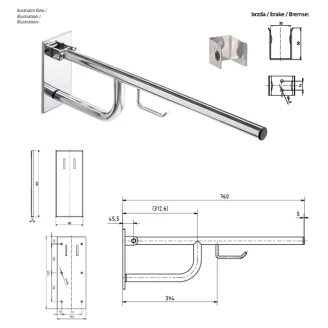 Fællbare Støttegreb med Toiletpapirholder <strong>Steda</strong>  76 cm Vit Mat Uden Betræk