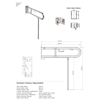 Fællbare Støttegreb & Ben med Toiletpapirholder <strong>Steda</strong>  60 cm Dobbelt Krom Blank Uden Betræk