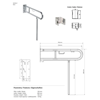Fællbare Støttegreb & Ben med Toiletpapirholder <strong>Steda</strong>  75 cm Dobbelt Hvid Mat Uden Betræk