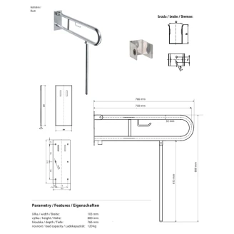 Fællbare Støttegreb & Ben med Toiletpapirholder <strong>Steda</strong>  75 cm Dobbelt Hvid Mat