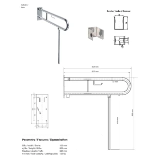 Fællbare Støttegreb & Ben med Toiletpapirholder <strong>Steda</strong>  81 cm Dobbelt Hvid Mat Uden Betræk