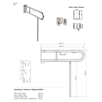 Fællbare Støttegreb & Ben med Toiletpapirholder <strong>Steda</strong>  85 cm Dobbelt Vit Mat Uden Betræk
