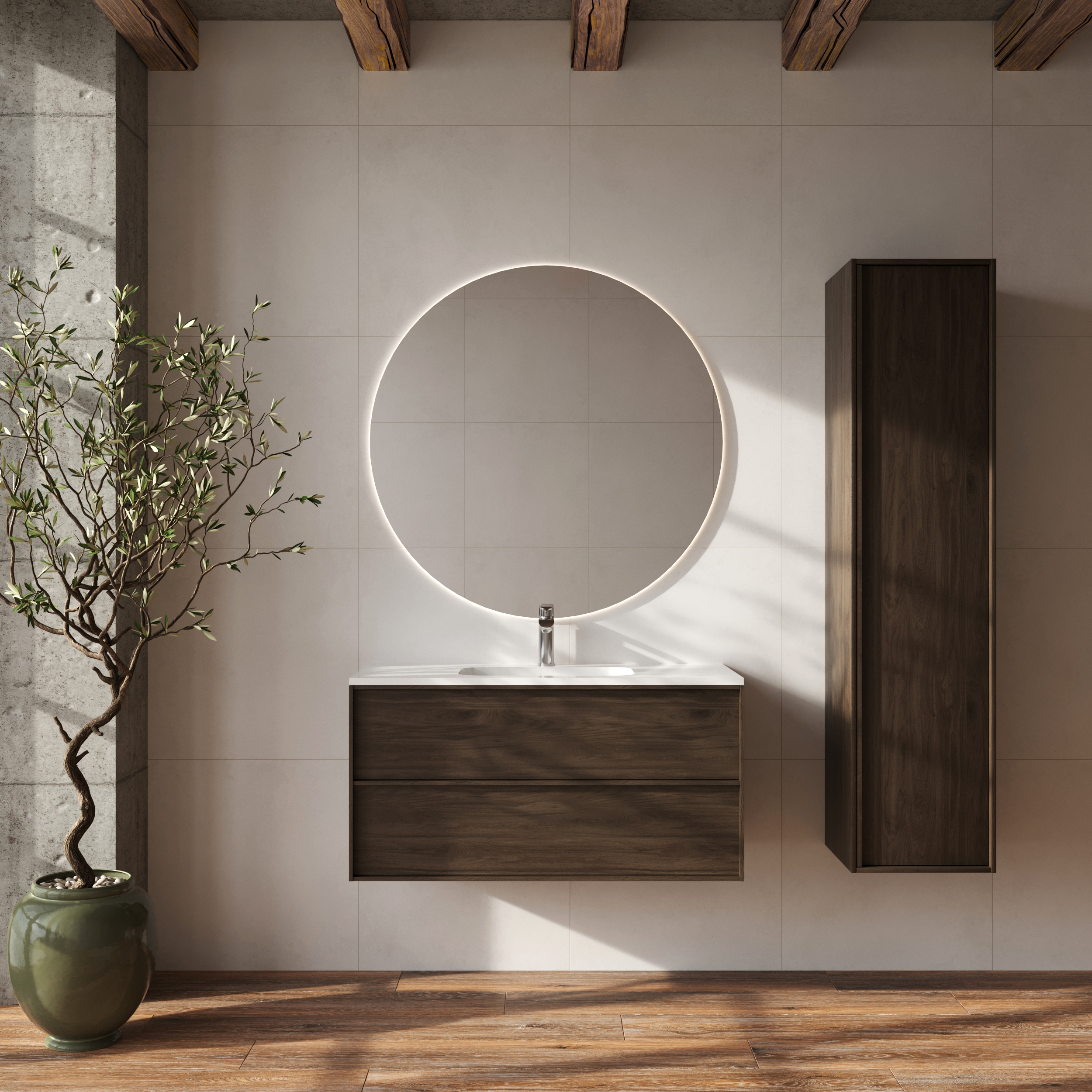 Komplet Badeværelsesmøbel Underskab Ekskär Valnöt 100 cm med Højskab, Spejl, Håndvaskarmatur & Bundventil