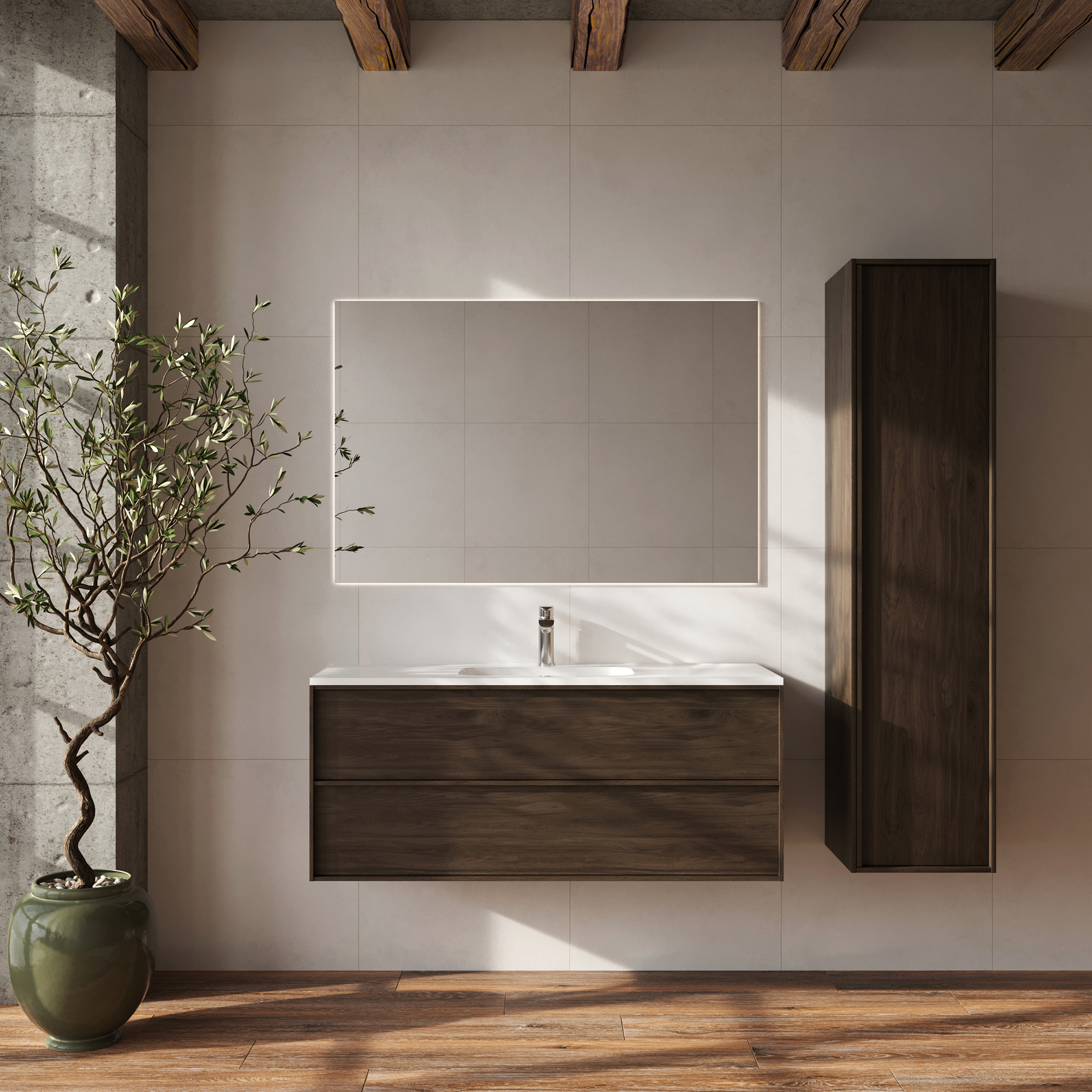 Komplet Badeværelsesmøbel Underskab Ekskär Valnöt 120 cm med Højskab, Spejl, Håndvaskarmatur & Bundventil