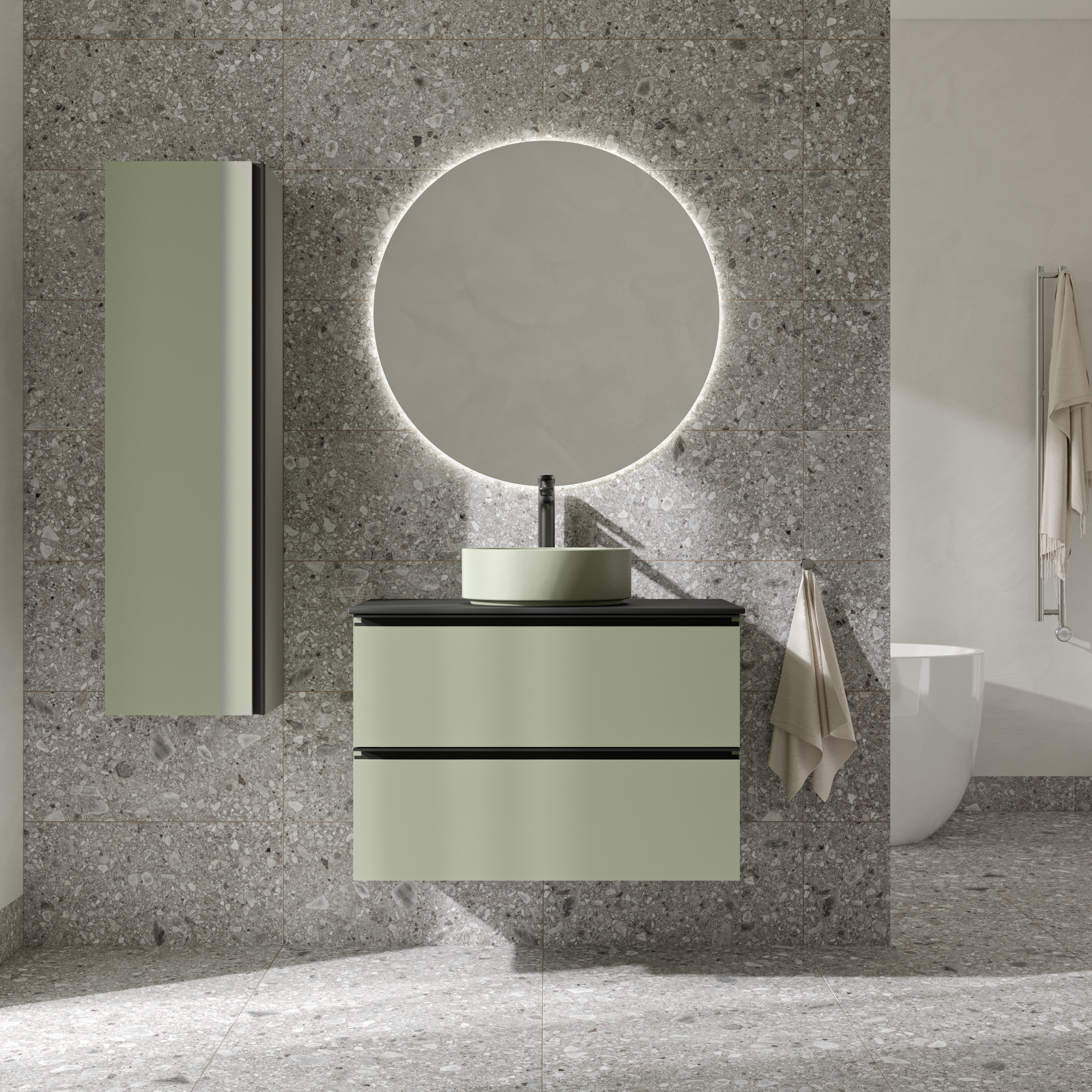 Håndvaskskab Luna Oliv 80 cm med Cosentino Bordplade, Højskab, Spejl, Vask, Håndvaskarmatur & Bundventil