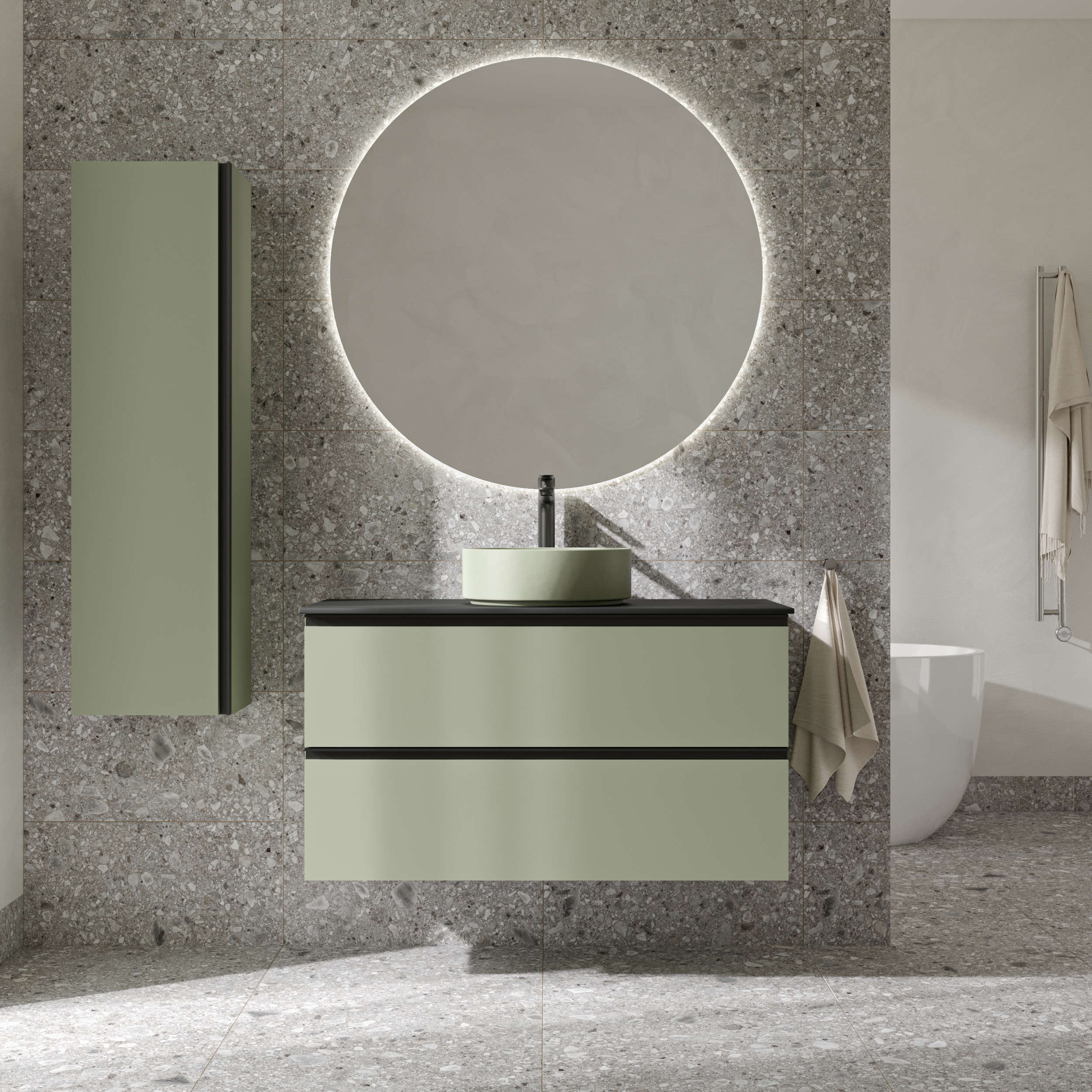 Håndvaskskab Luna Oliv 100 cm med Cosentino Bordplade, Højskab, Spejl, Vask, Håndvaskarmatur & Bundventil