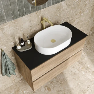 Håndvaskskab Luna Eg Træ 100 cm med Cosentino Bordplade Dekton Sort Poleret